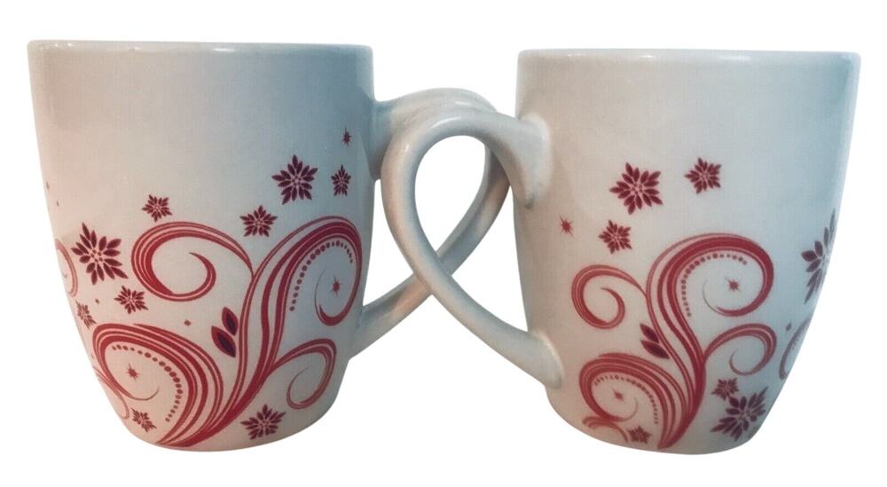 FINE LIFE, White w/red swirls and stars, 12 oz ceramic mug/cups- Set of 2 coffee